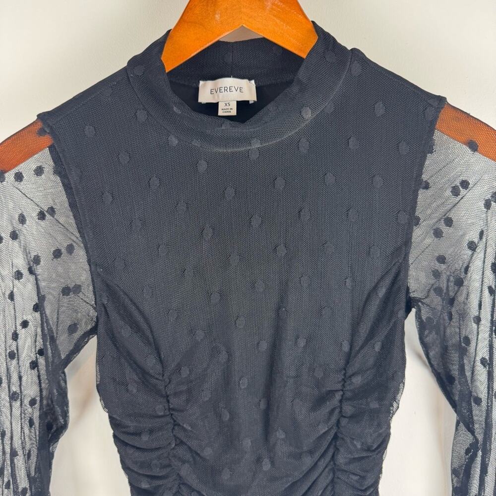Evereve Sheer Black Ruched Top with Polka Dot Detail ~ XS - Picture 5 of 12